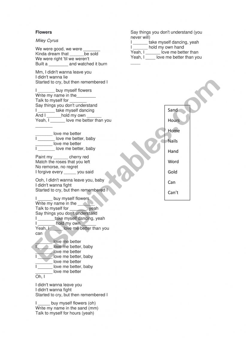 Song - Flowers  worksheet