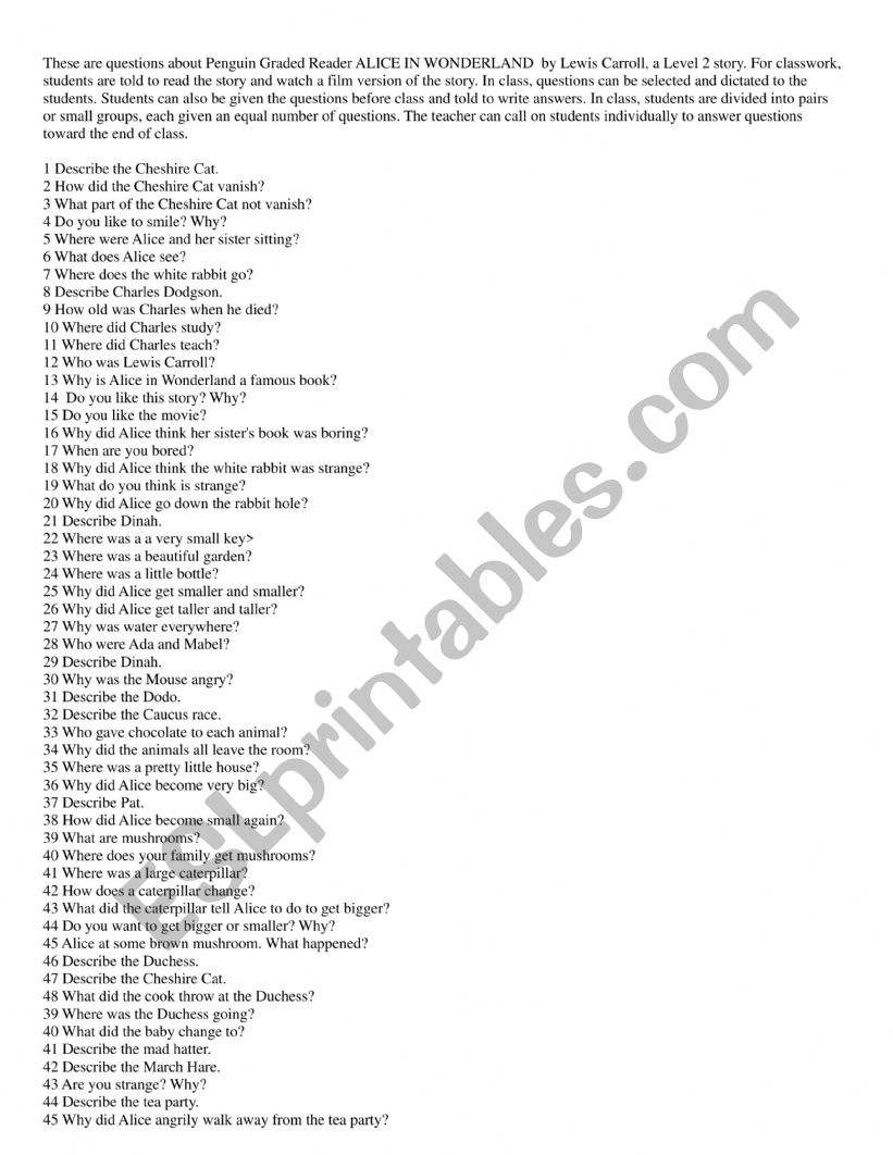 ALICE IN WONDERLAND, Penguin Reader, Level 2, questions