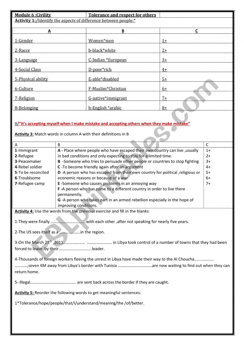 Civility worksheet