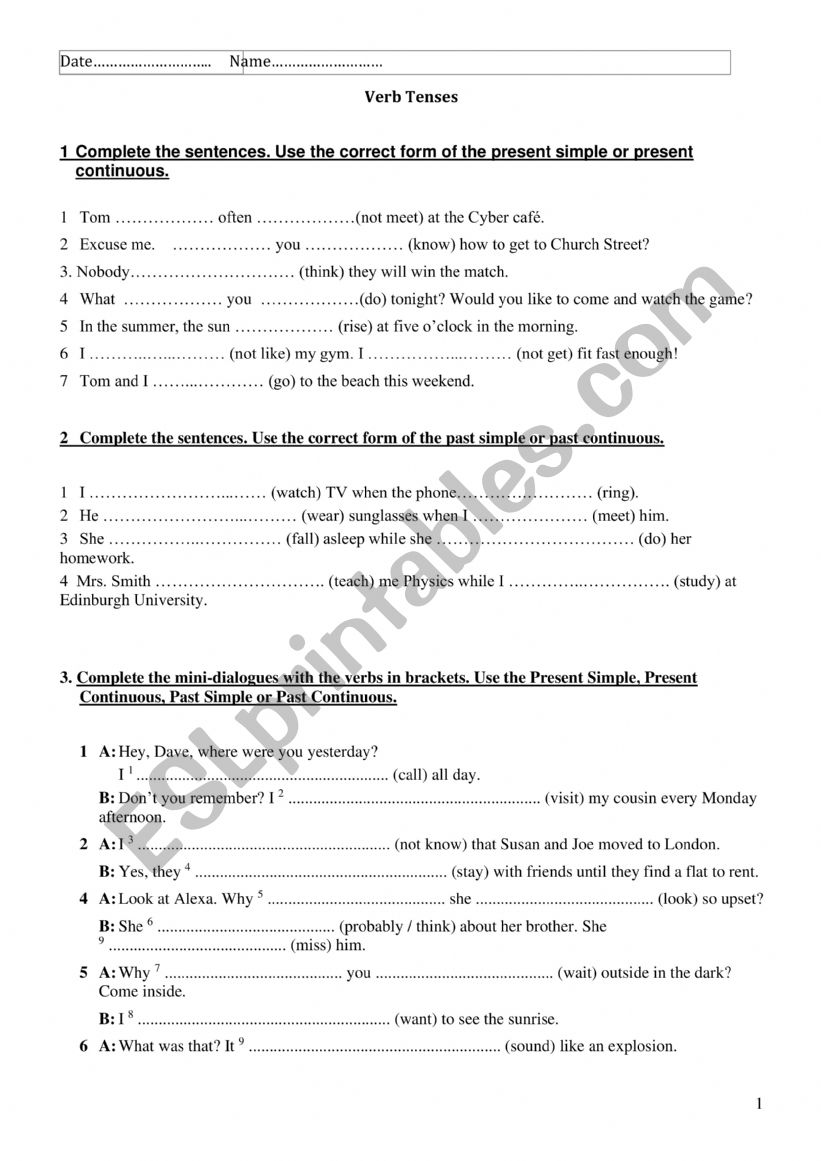 Revision verb tenses  worksheet