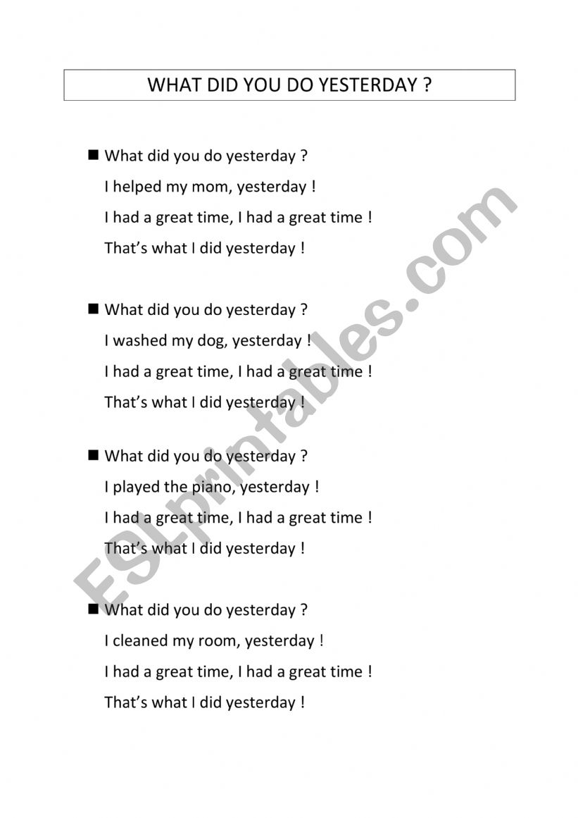 past activities worksheet