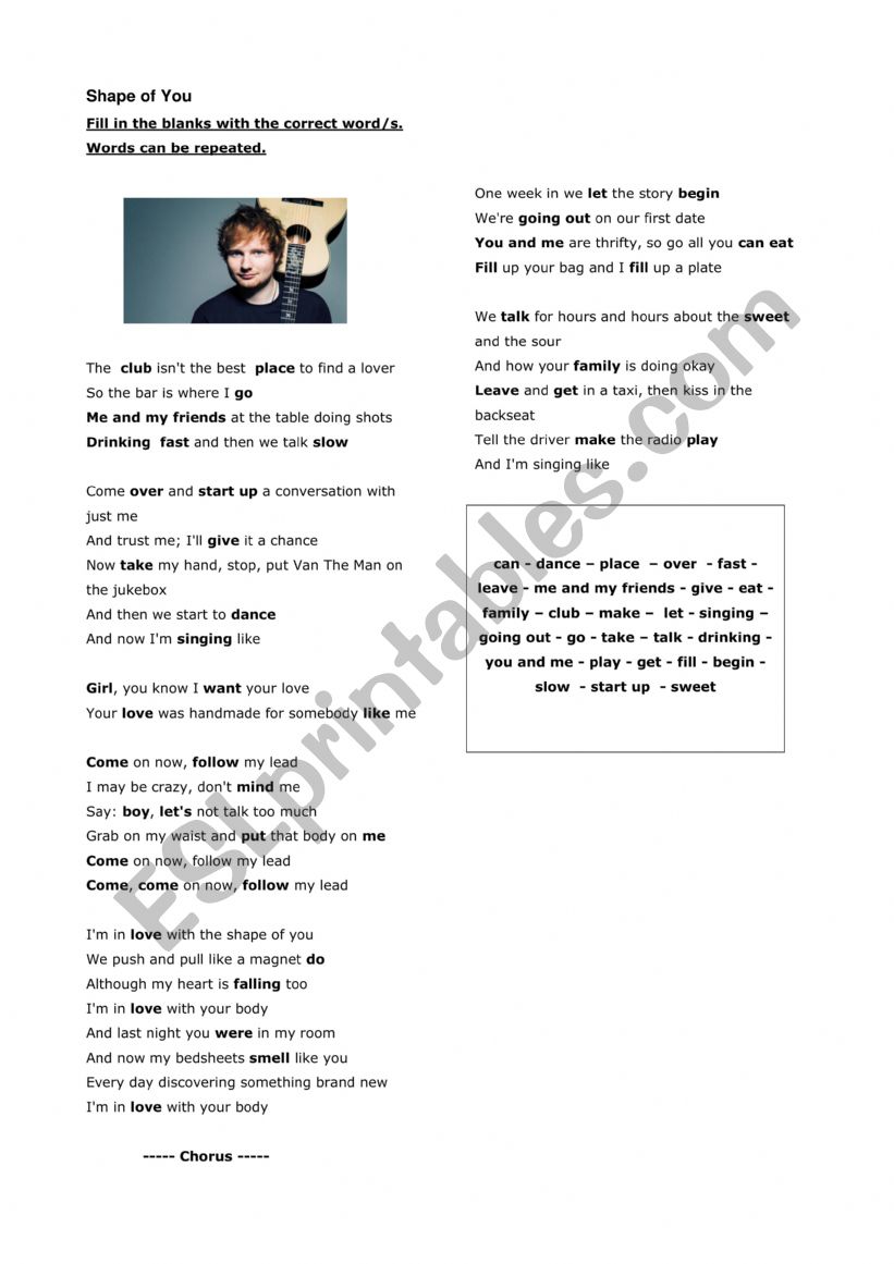 Ed Sheeran Shape Of You worksheet