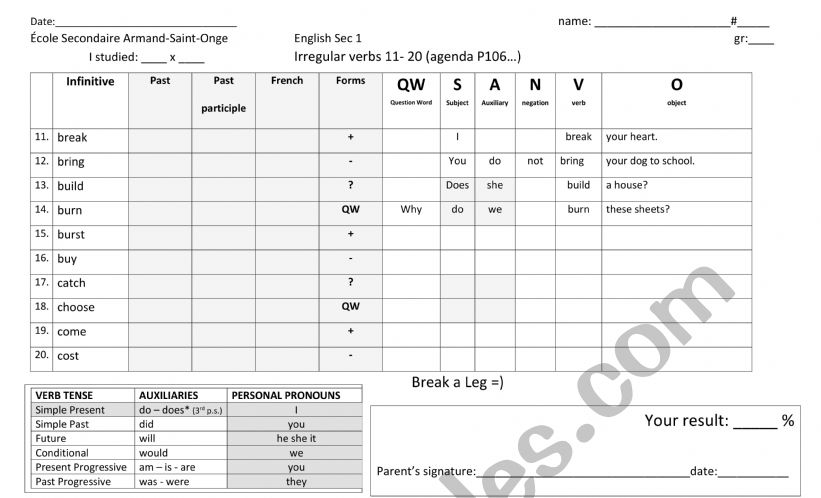 verb tes 1-10 worksheet