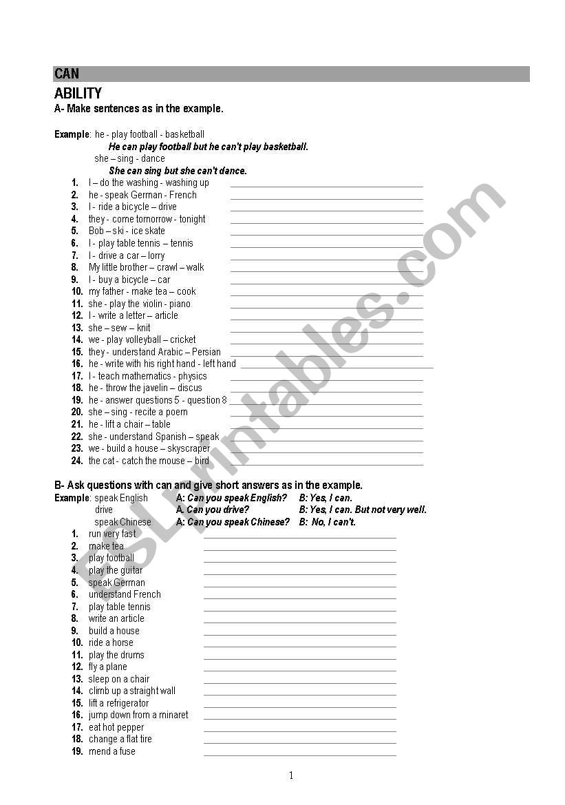 exercise   Â´canÂ´ worksheet