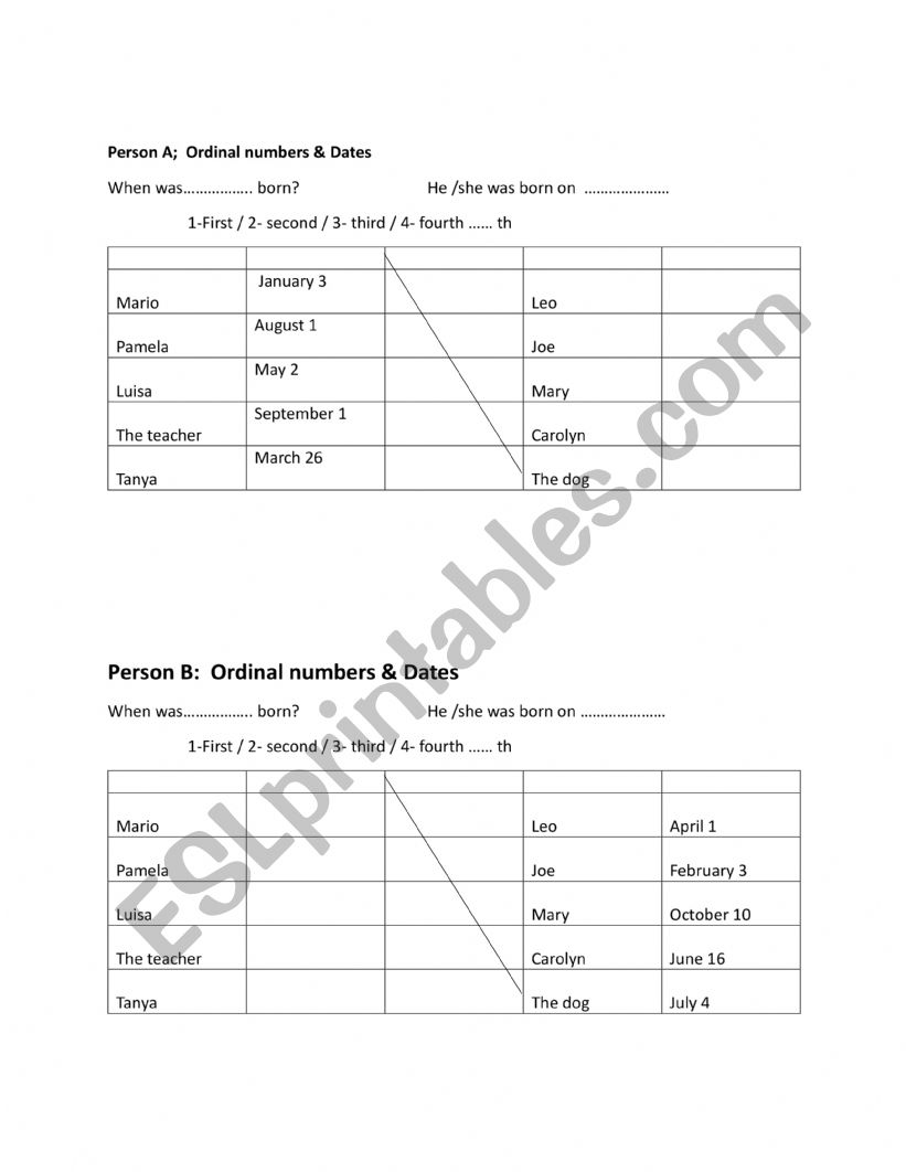 Info Gap - Ordinal Numbers  worksheet