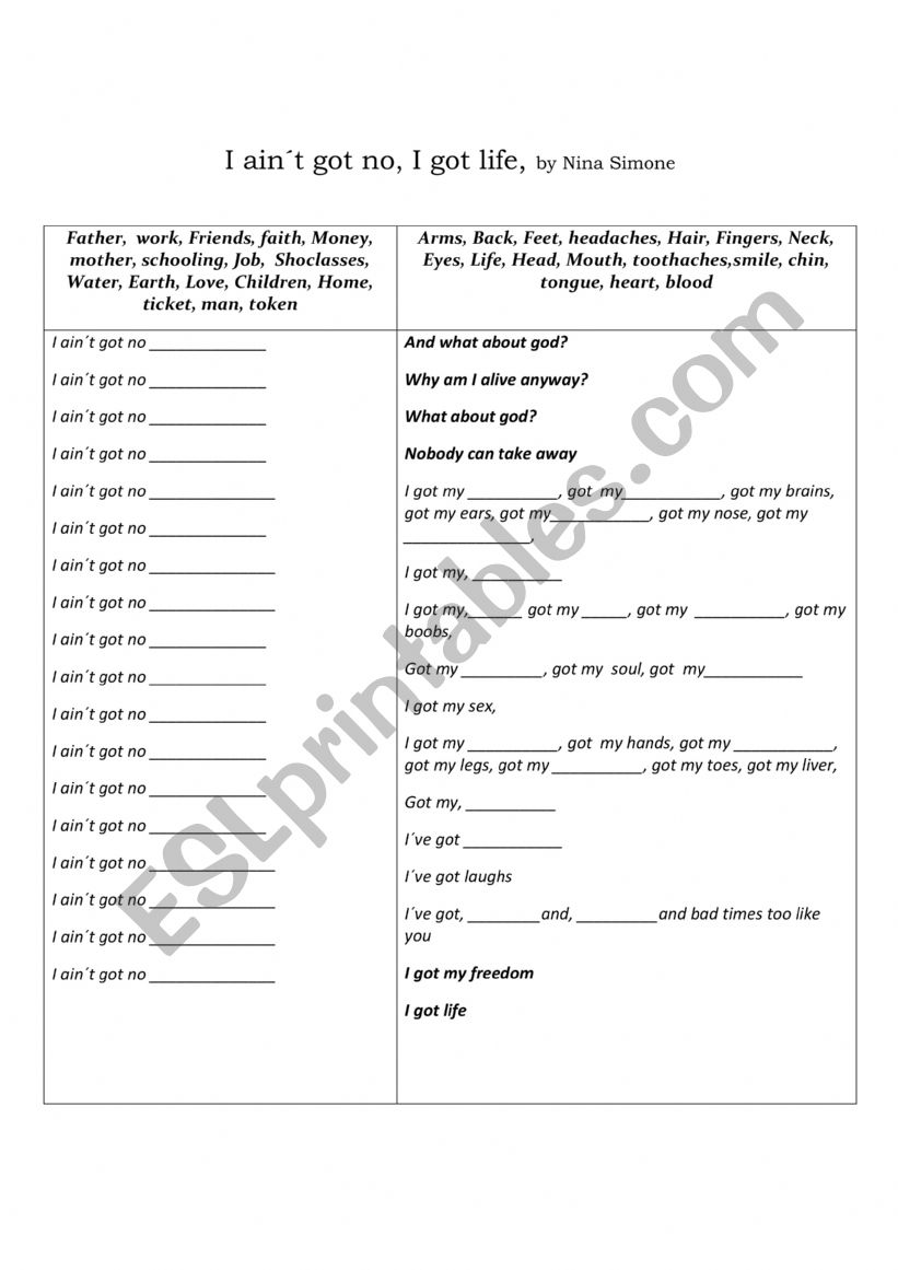 song worksheet
