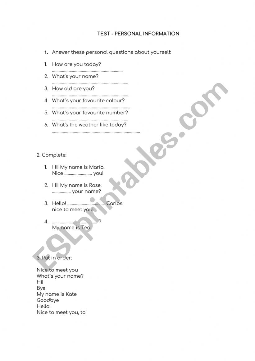 PERSONAL INFORMATION  worksheet