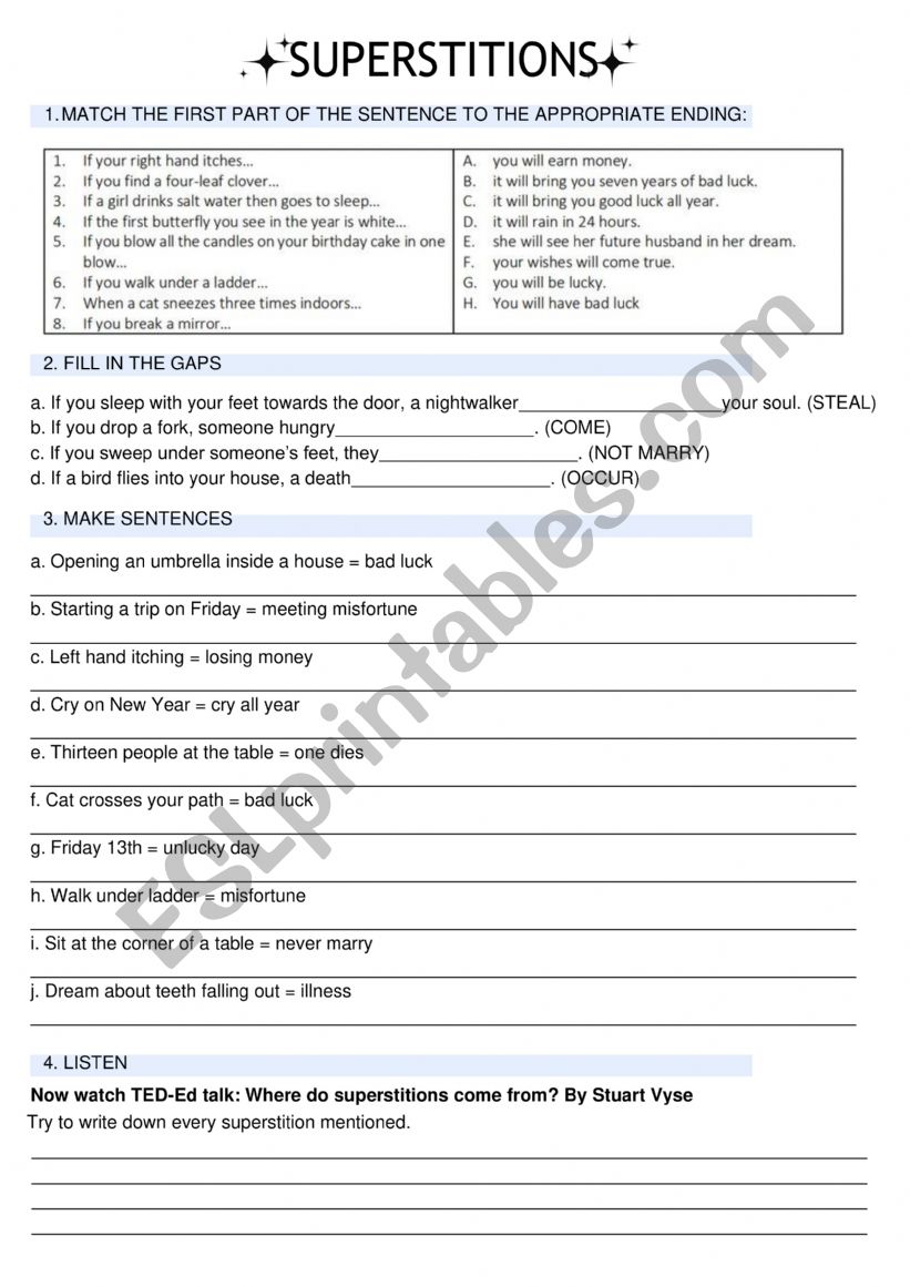 Superstitions worksheet