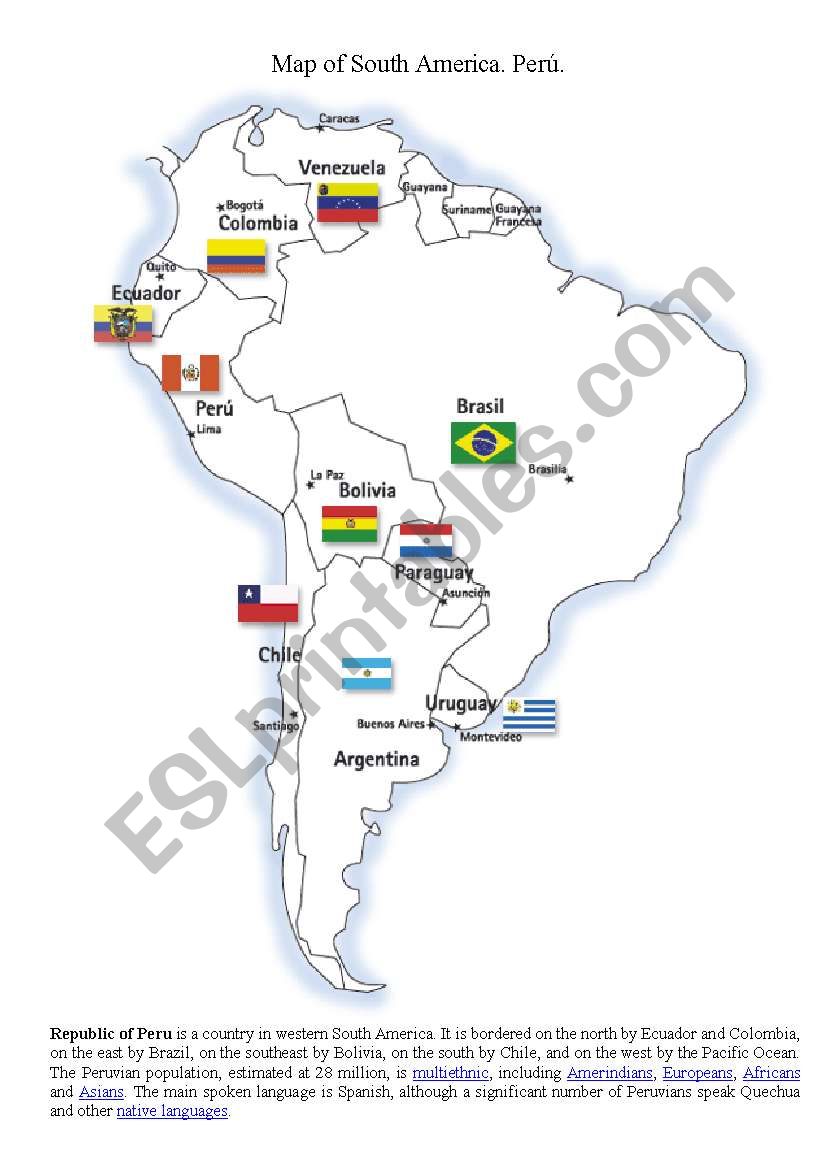 Map of South America.  worksheet