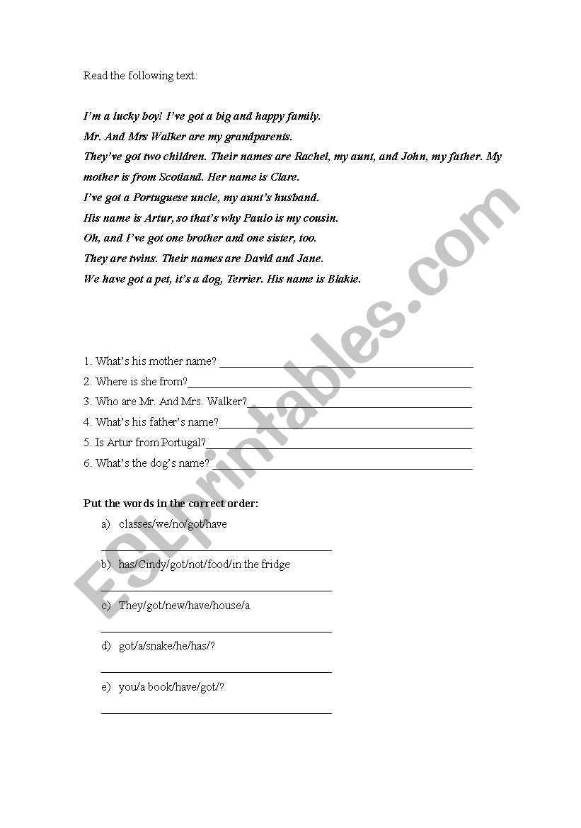 english test - Family worksheet