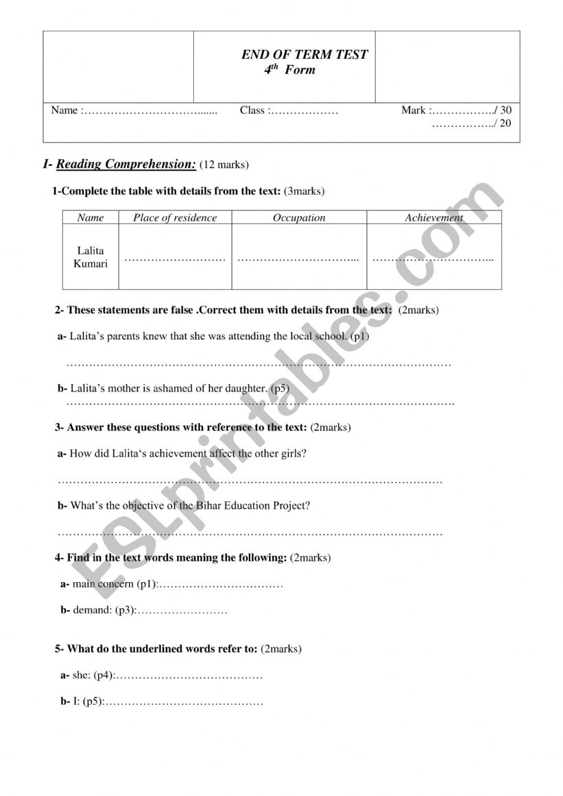 End of Term Test worksheet