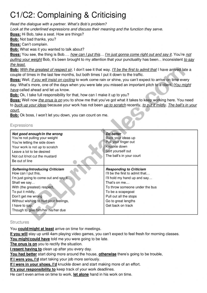 Complaining and criticising worksheet