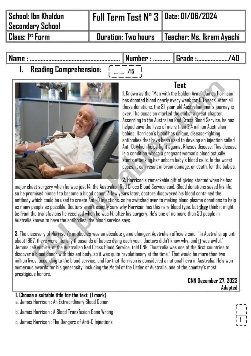 1st Form - Full Term Test 3 worksheet