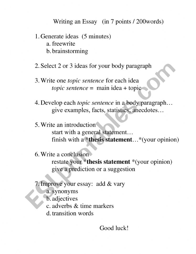 writing an essay worksheet