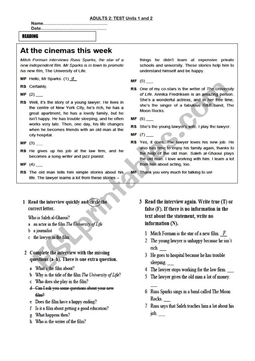 test worksheet