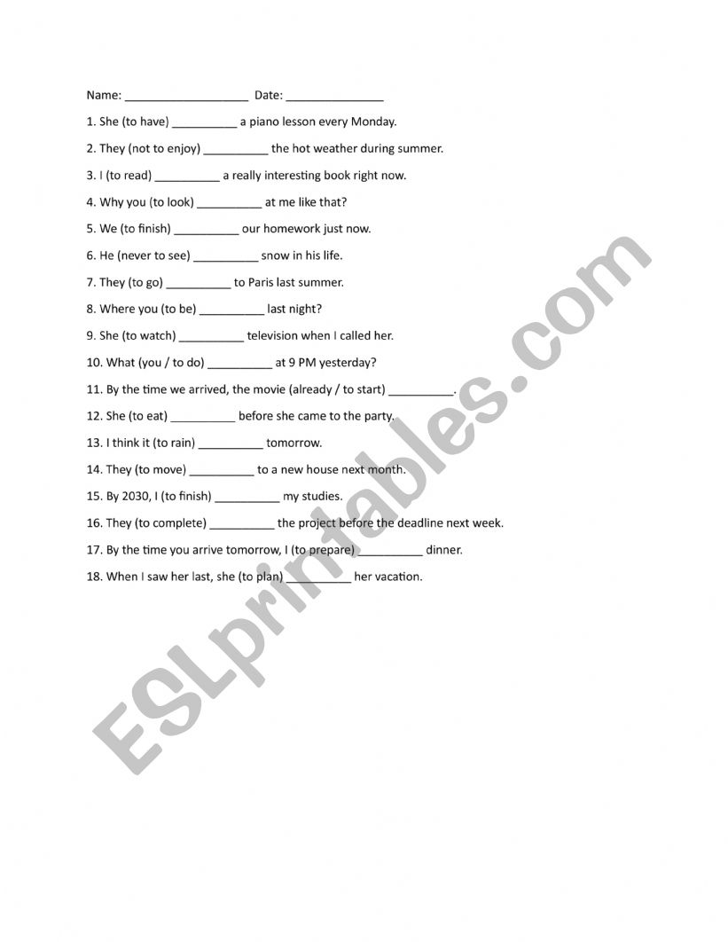 Tenses revision 2nd Bac  worksheet