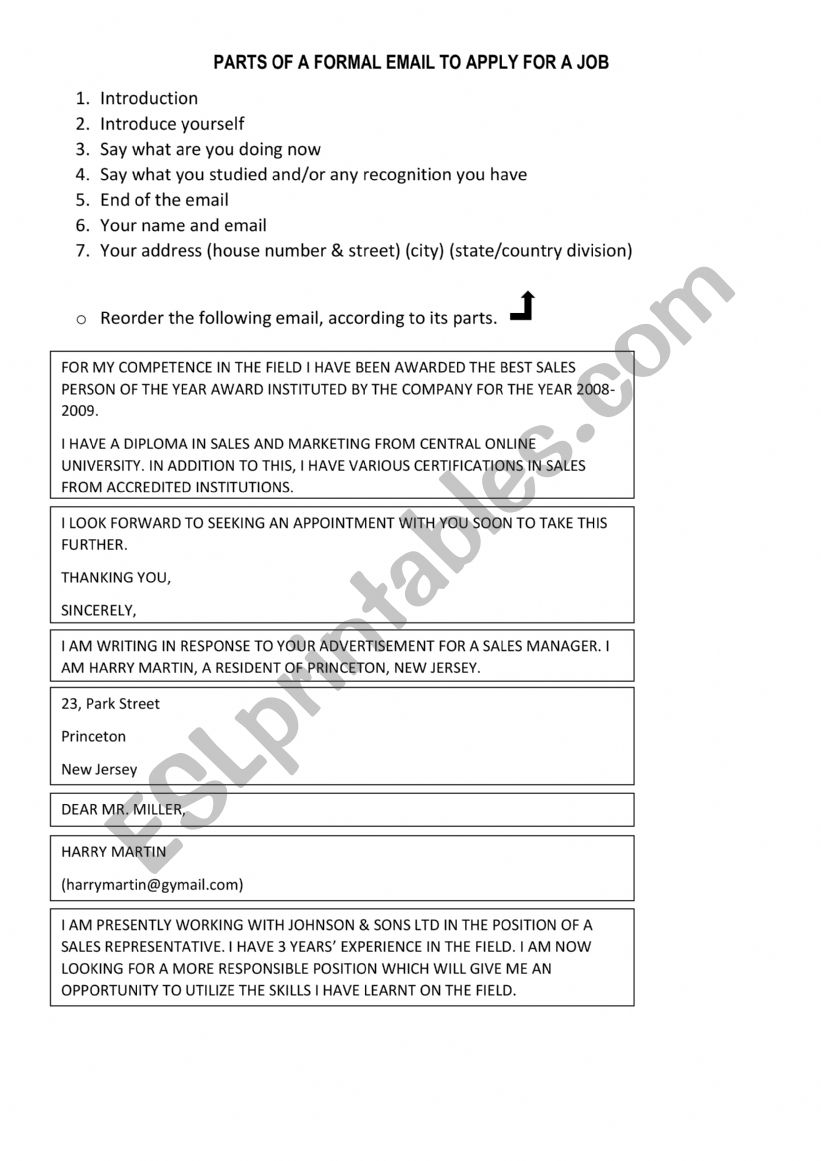 Parts of a formal email to apply for a job