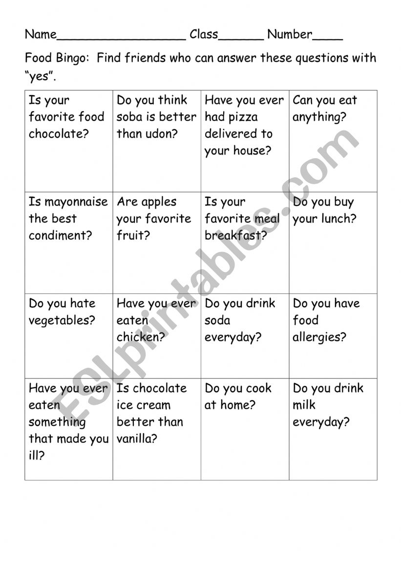 Food Bingo worksheet