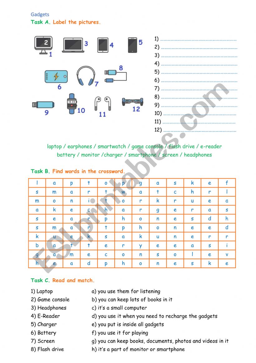 Gadgets worksheet