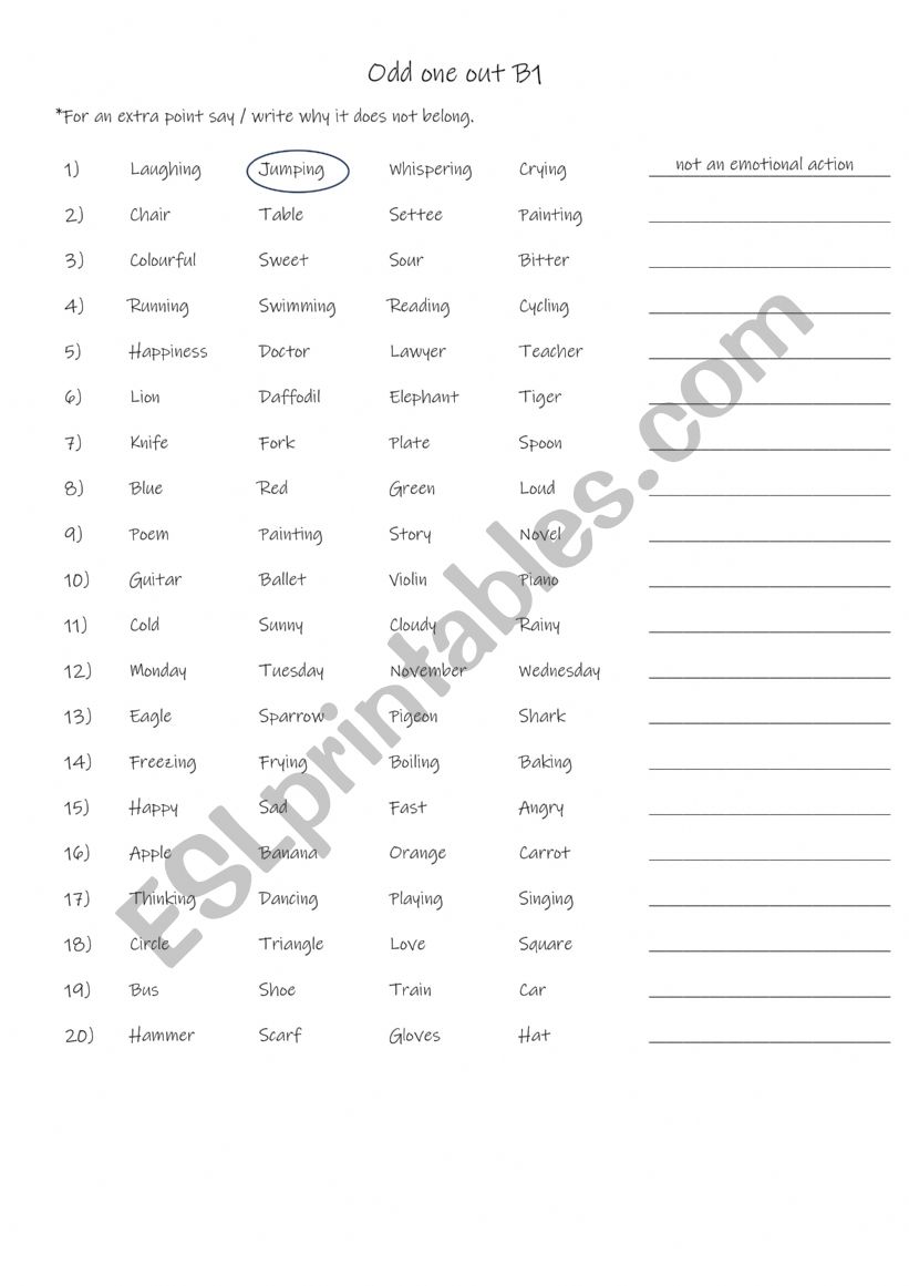 Odd one out B1 worksheet
