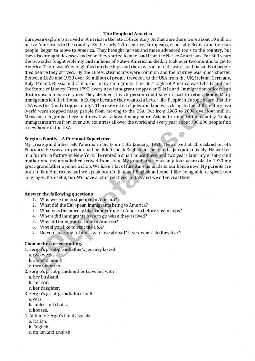 The people of America worksheet