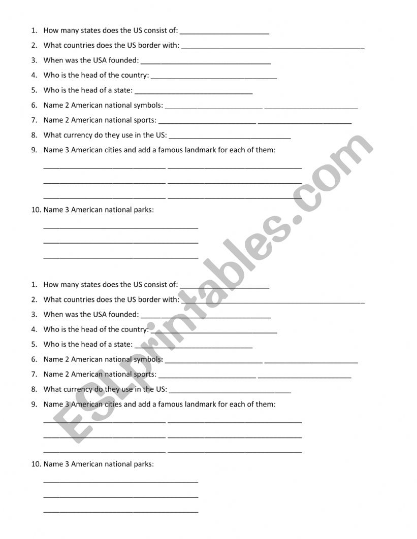 THE USA basic facts test worksheet