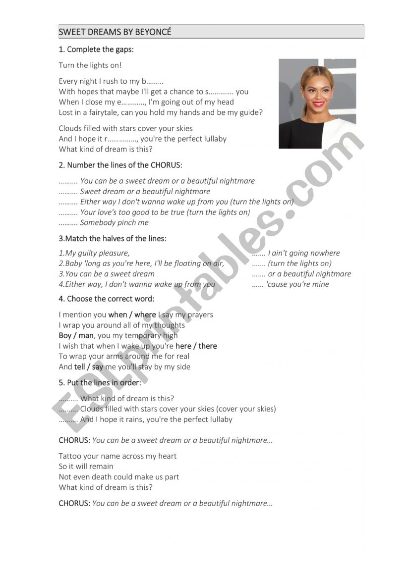 Sweet dreams by Beyoncé - ESL worksheet by Noemi2