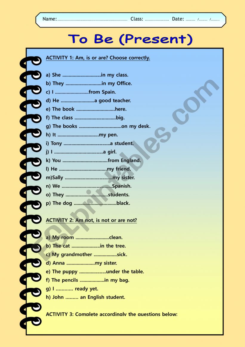 To Be present tense worksheet