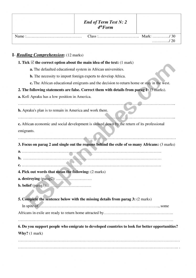 End of Term Test worksheet