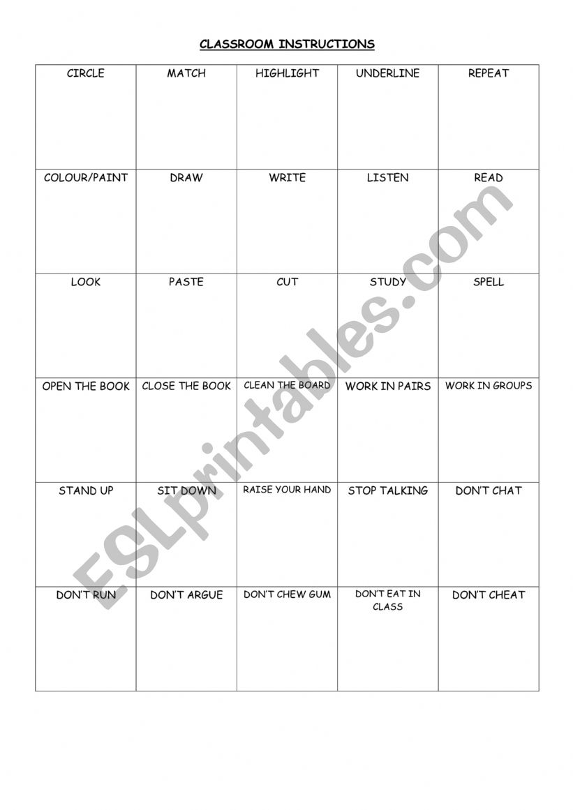 Classroom language worksheet