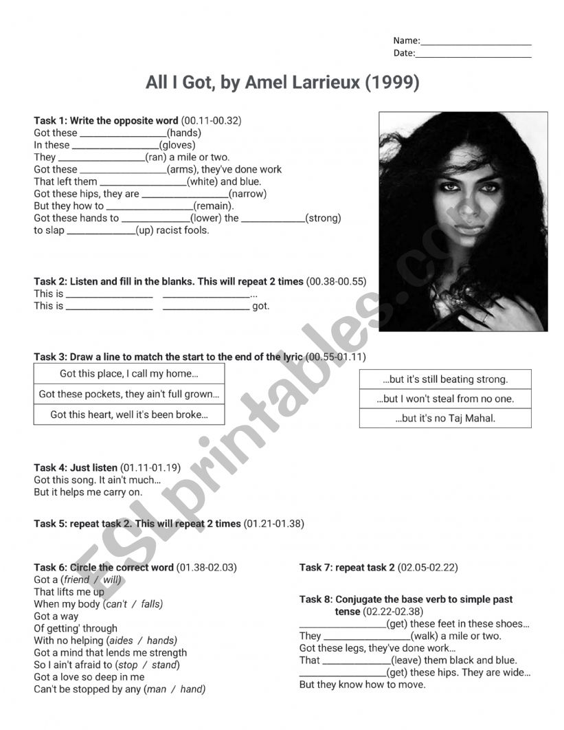 All I Got, by Amel Larrieux worksheet