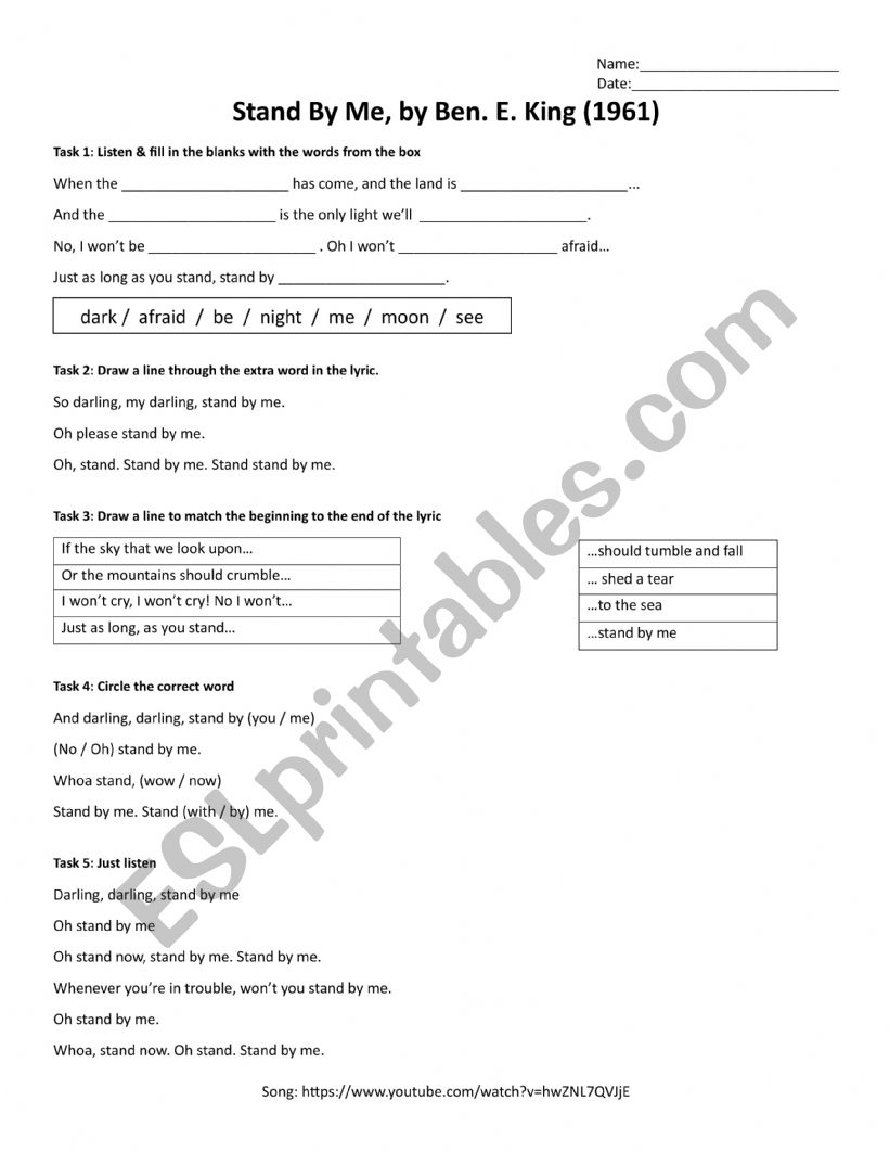Stand By Me, Ben E. King worksheet