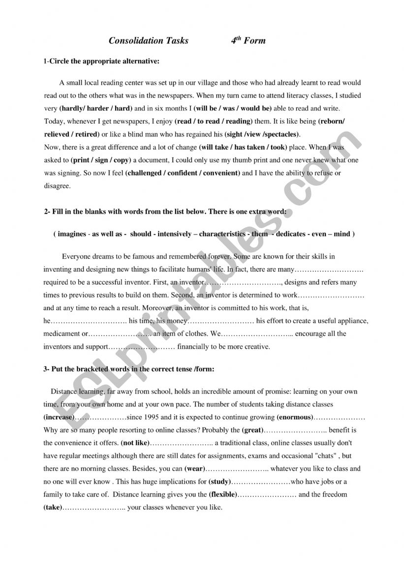 Consolidation tasks worksheet