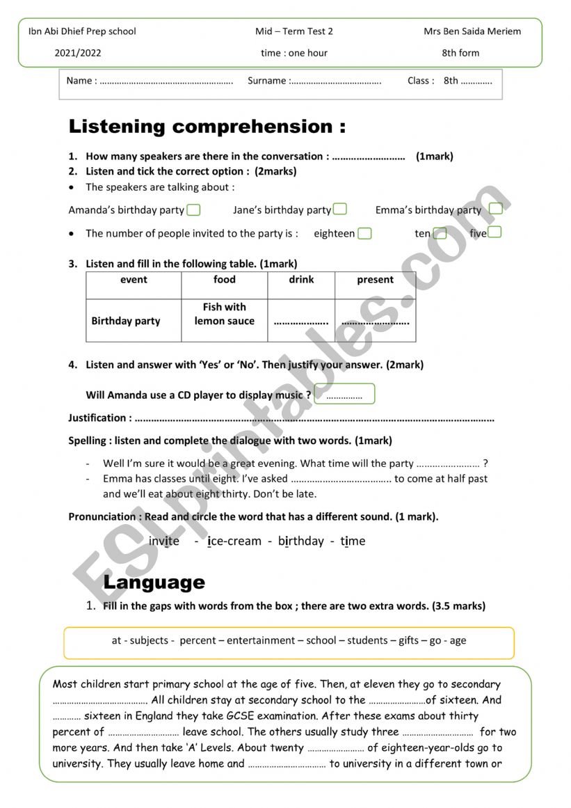 8th form Mid Term Test 2 worksheet
