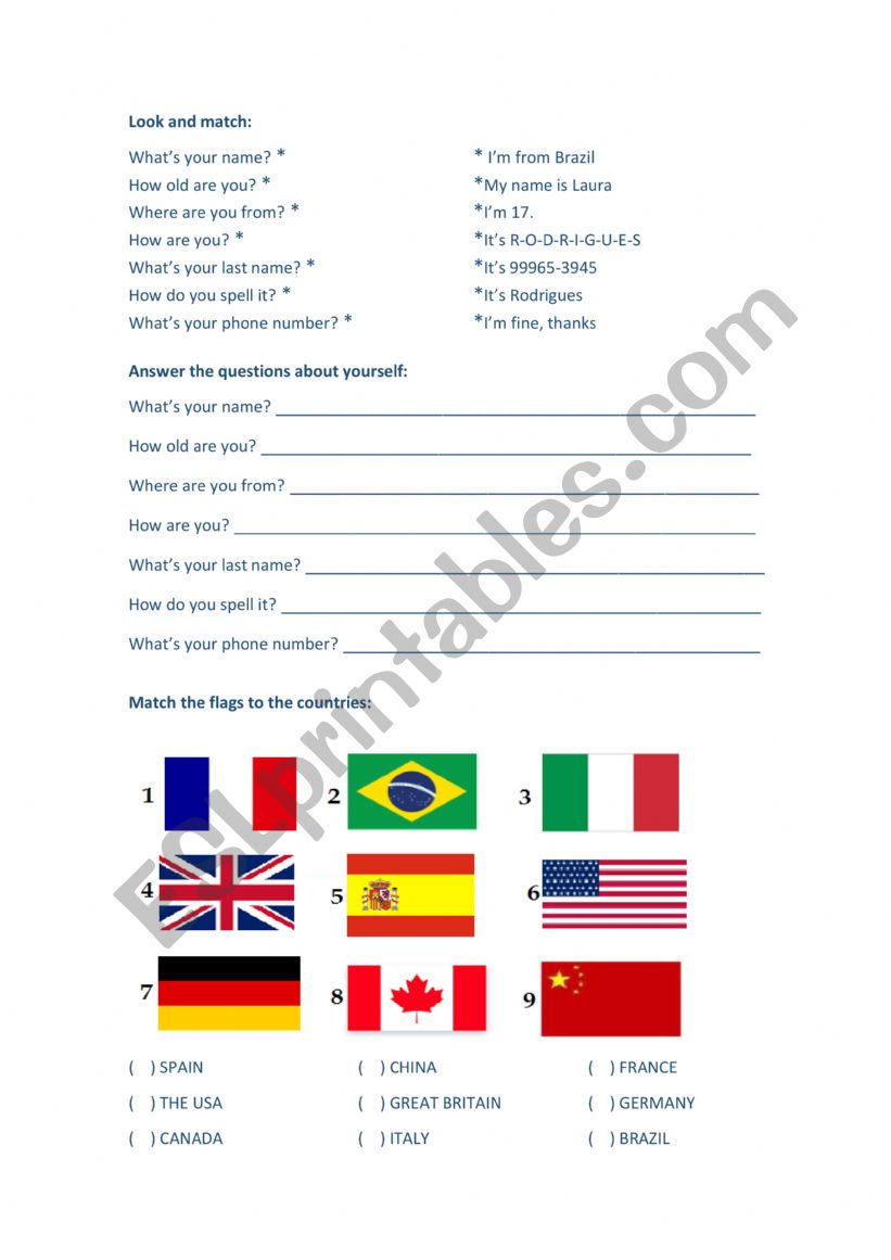 Personal information worksheet