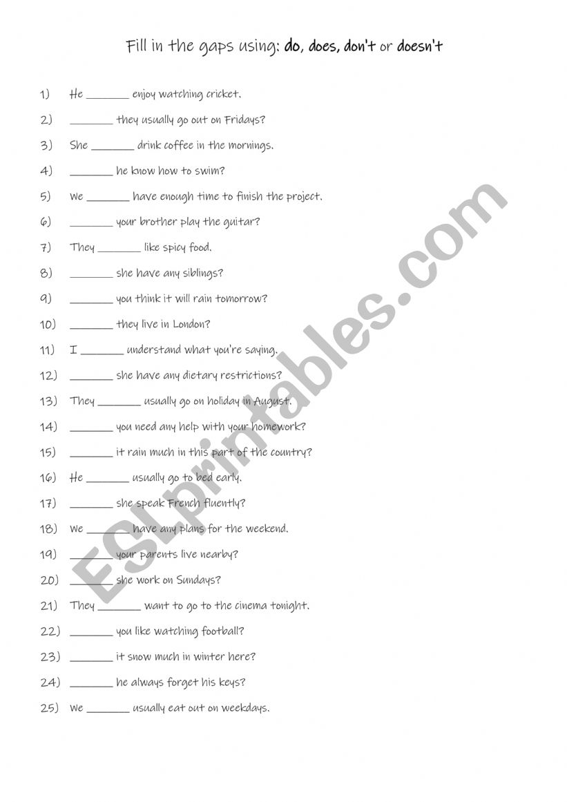 Fill in the gaps using: do, does, donÃ¯Â¿Â½t or doesnÃ¯Â¿Â½t