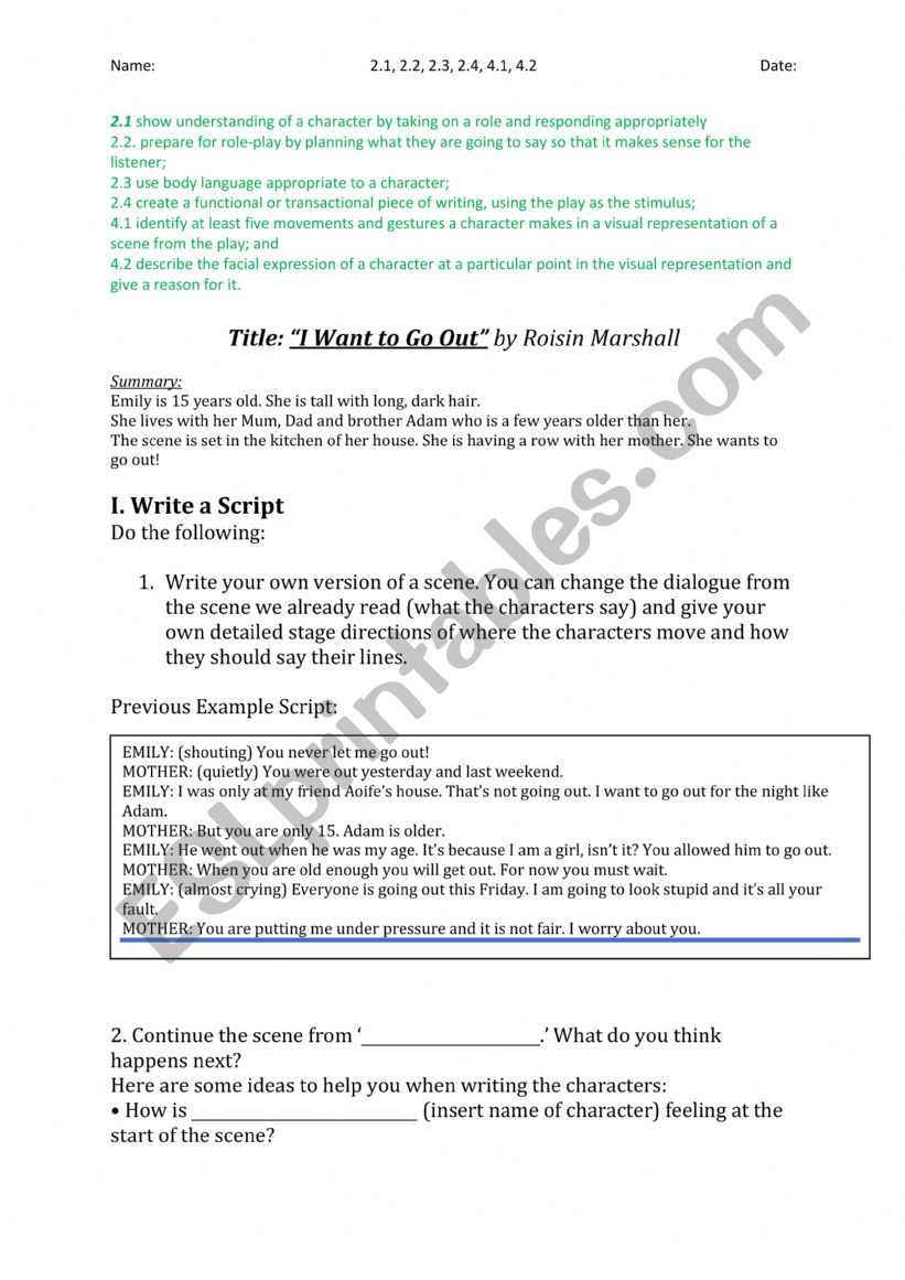 I Want to Go Out worksheet