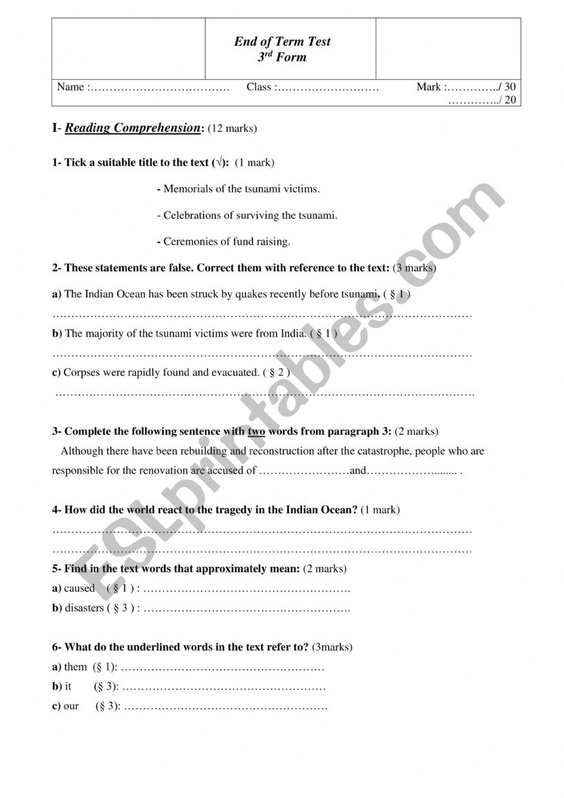 End of Term Test worksheet