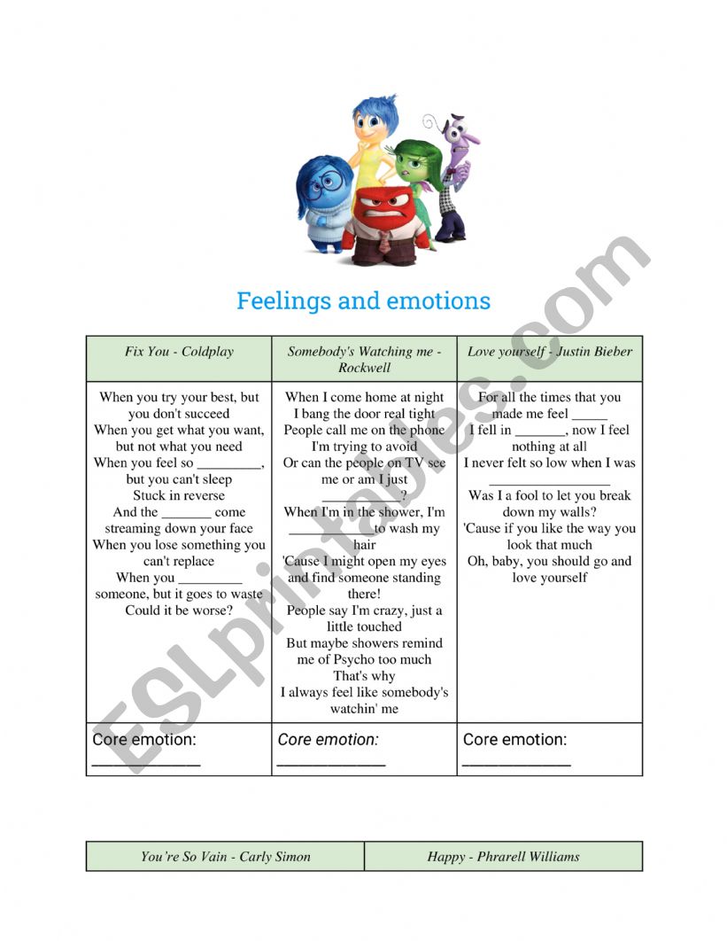 Songs and emotions  worksheet