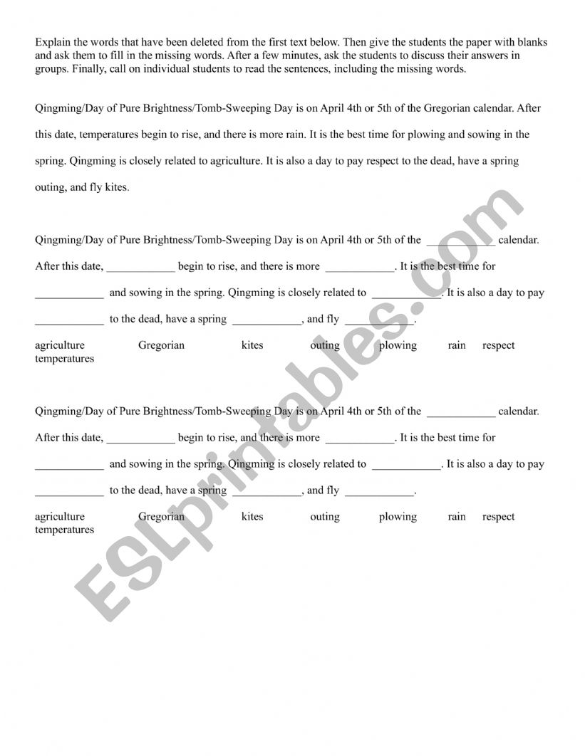 QINGMING FESTIVAL, gap fill worksheet