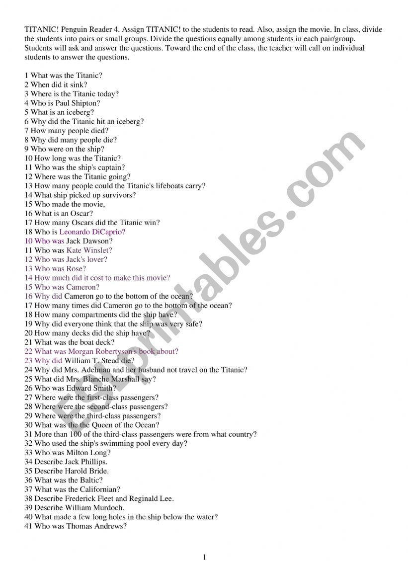 TITANIC! Penguin Reader 4. worksheet
