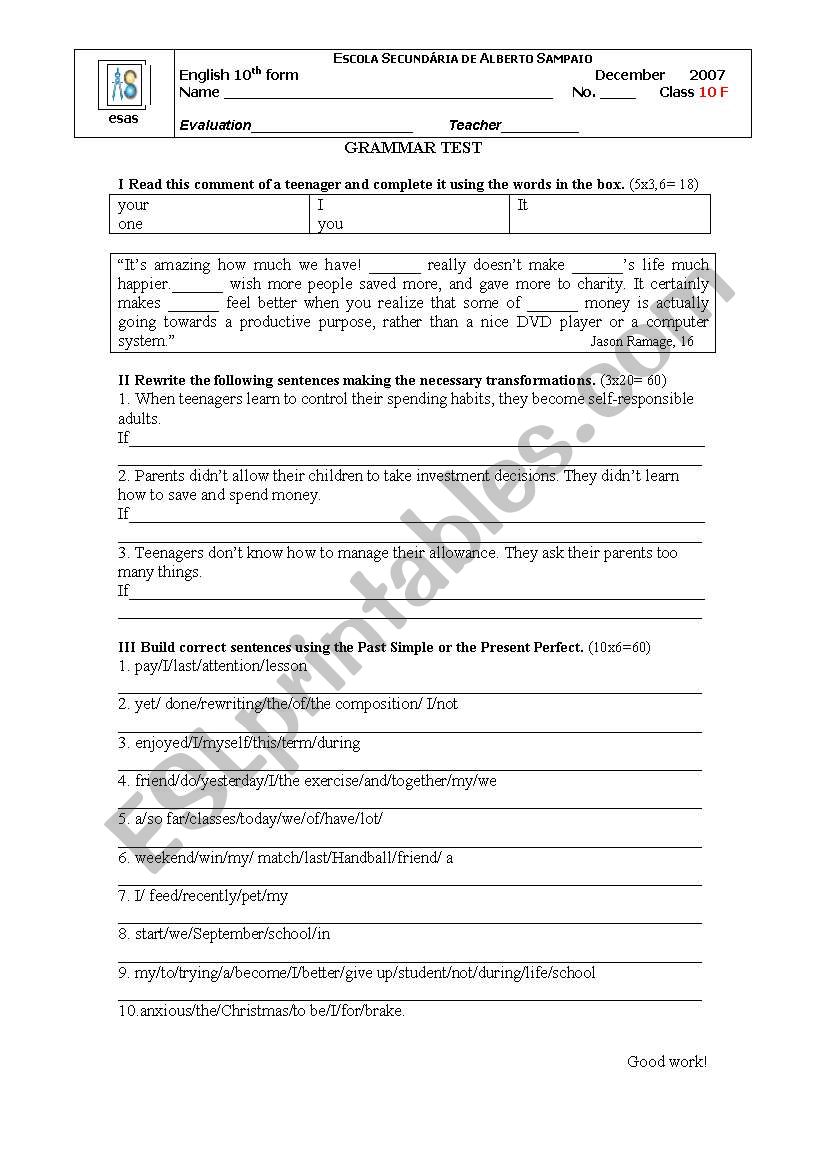 Grammar worksheet worksheet