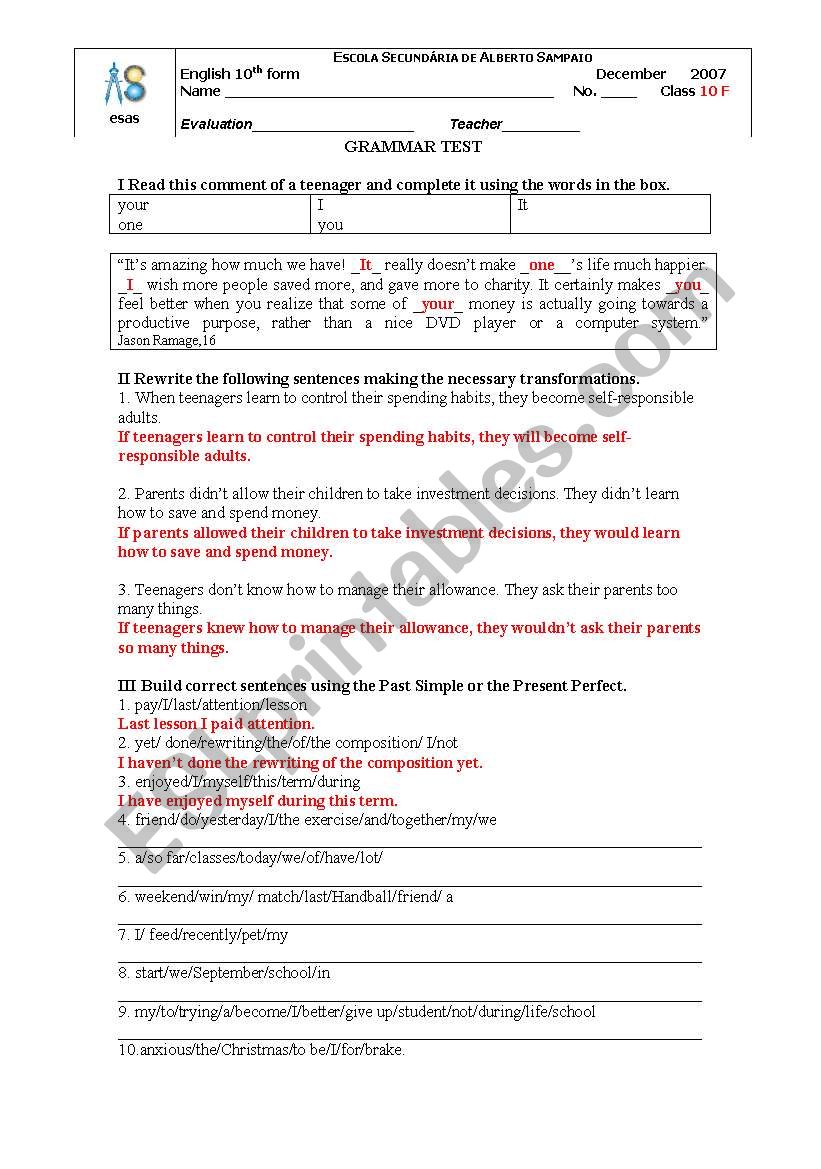 Grammar worksheet (correction)