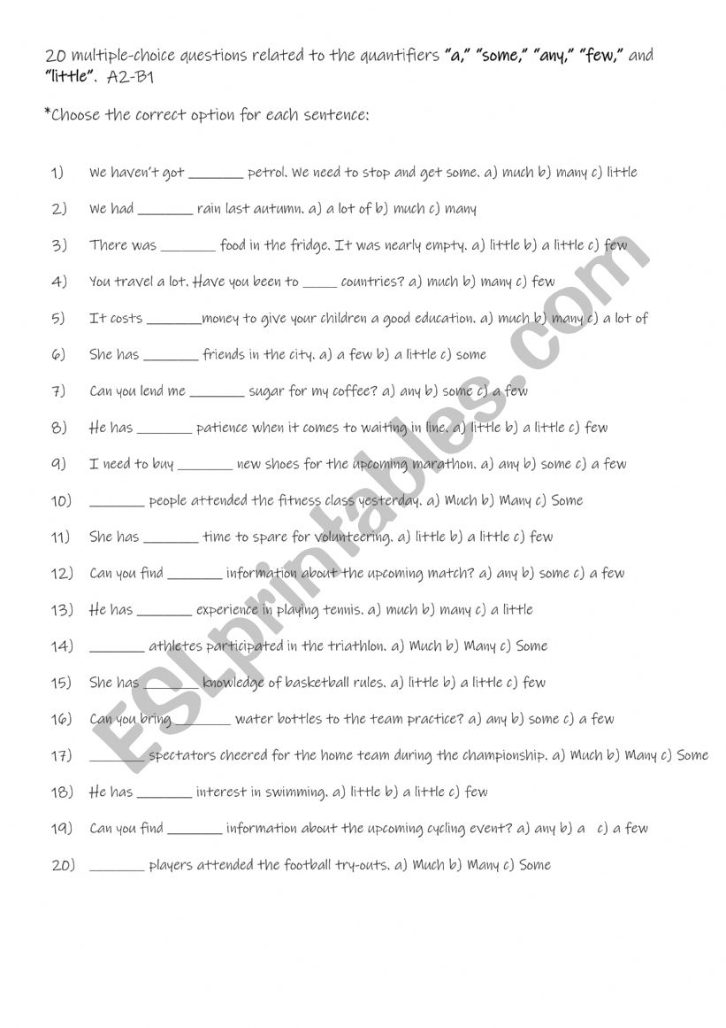 Quantifiers practise using a, some, any, few, and little. Quantifiers practise using a, some, any, few, and little.