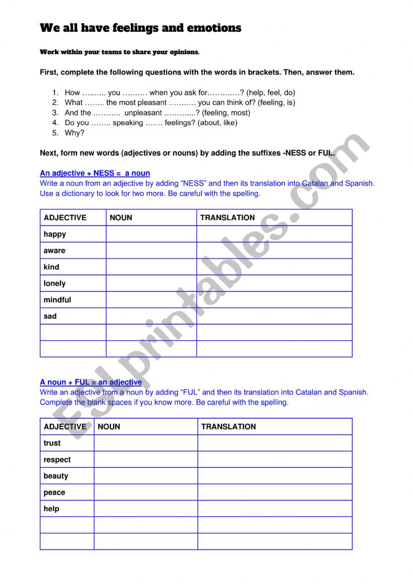 Feeling and emotions (NOUNS & ADJECTIVES)
