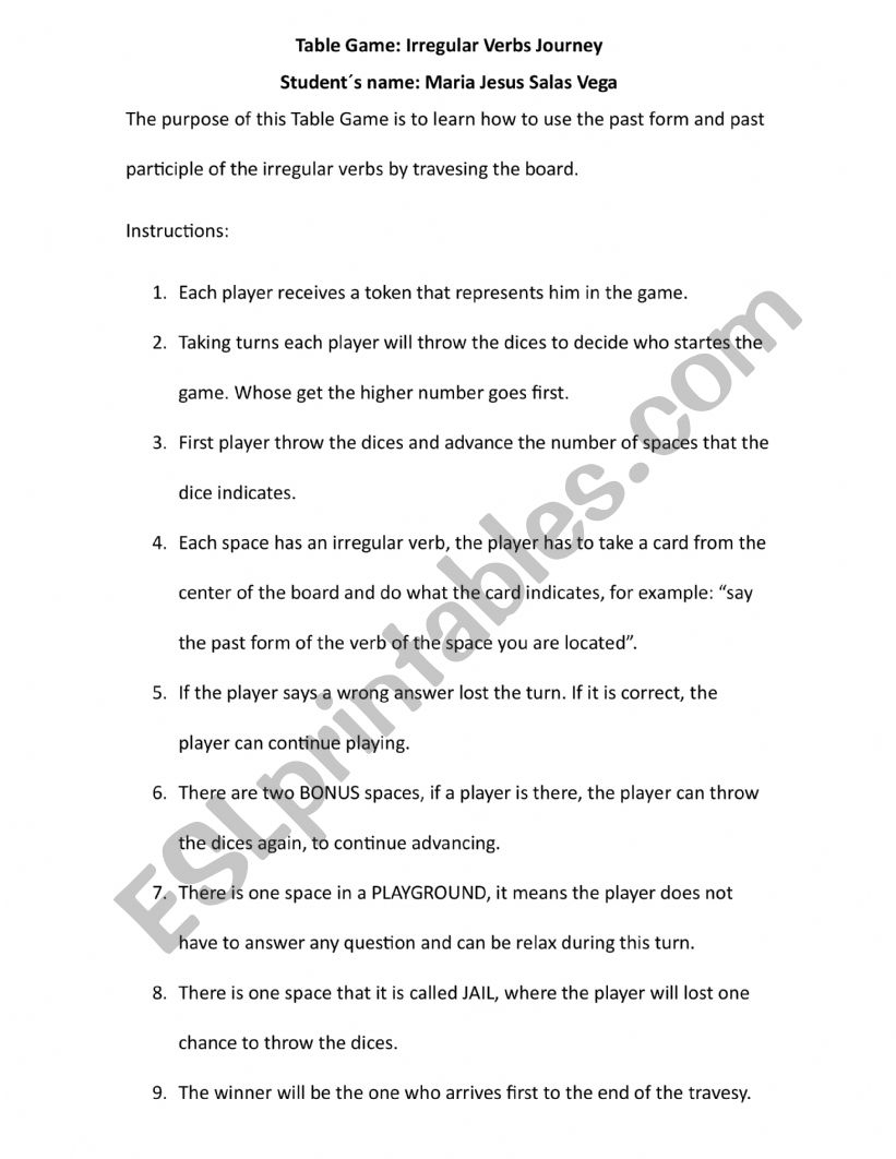 Instructions Irregular Verbs Board Game