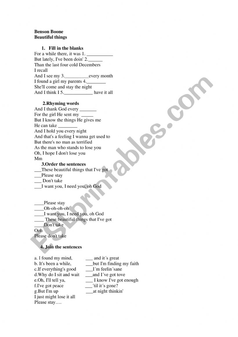 Beautiful Things Song worksheet