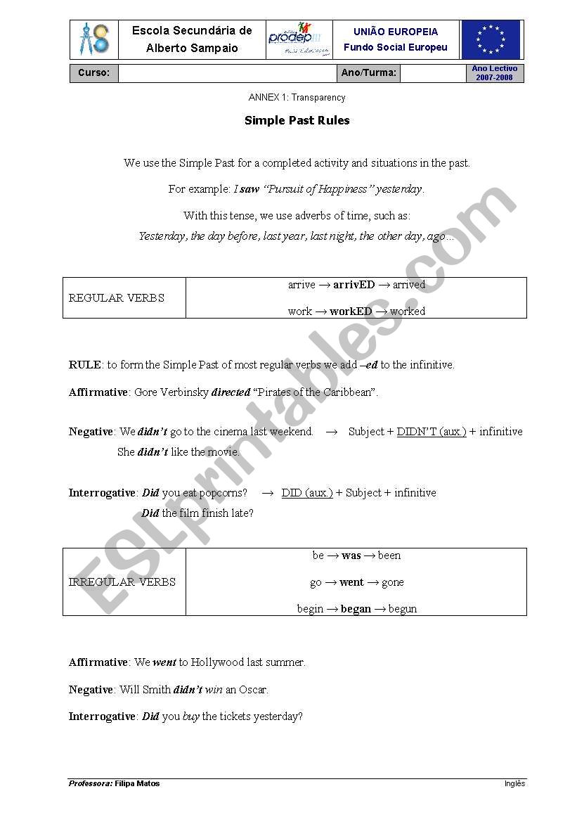 Simple Past rules worksheet