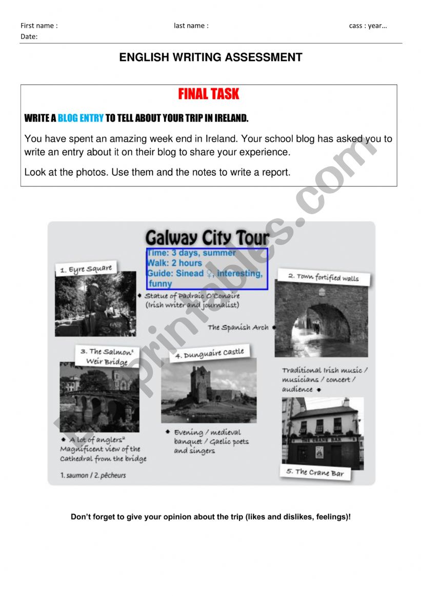 Visit Ireland blog entry worksheet