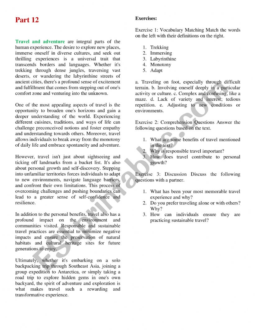 Travel and adventure worksheet